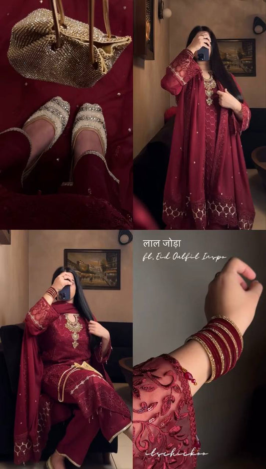 Fantastic Maroon Color Faux Georgette With Pal Diamond Hand Work Salwar Suit