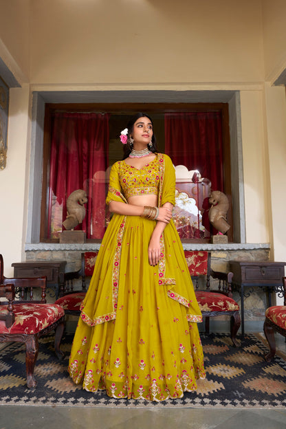 Beautiful Mustard Golden Thread Embroidered Georgette Haldi Wear Lehenga Choli