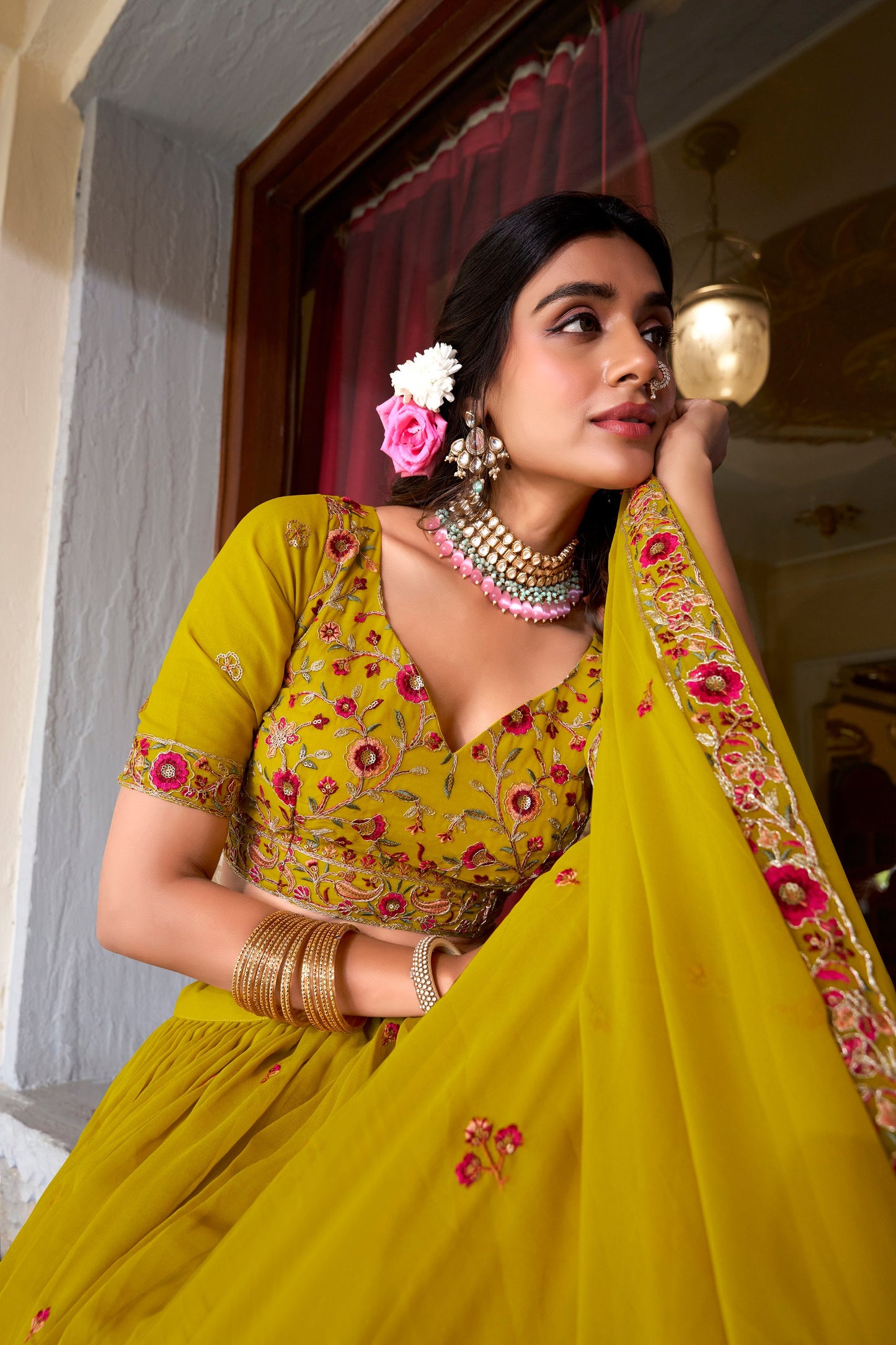 Beautiful Mustard Golden Thread Embroidered Georgette Haldi Wear Lehenga Choli