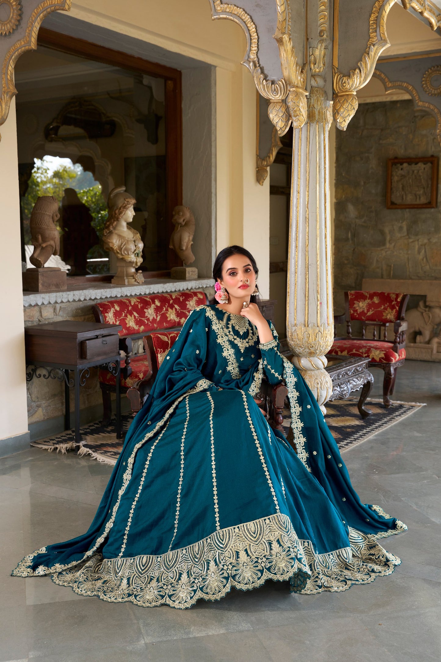 Embroidered Vichitra Silk Lehenga Set With Blouse & Dupatta