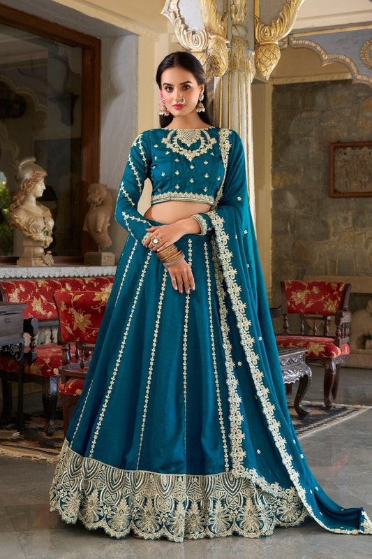 Embroidered Vichitra Silk Lehenga Set With Blouse & Dupatta