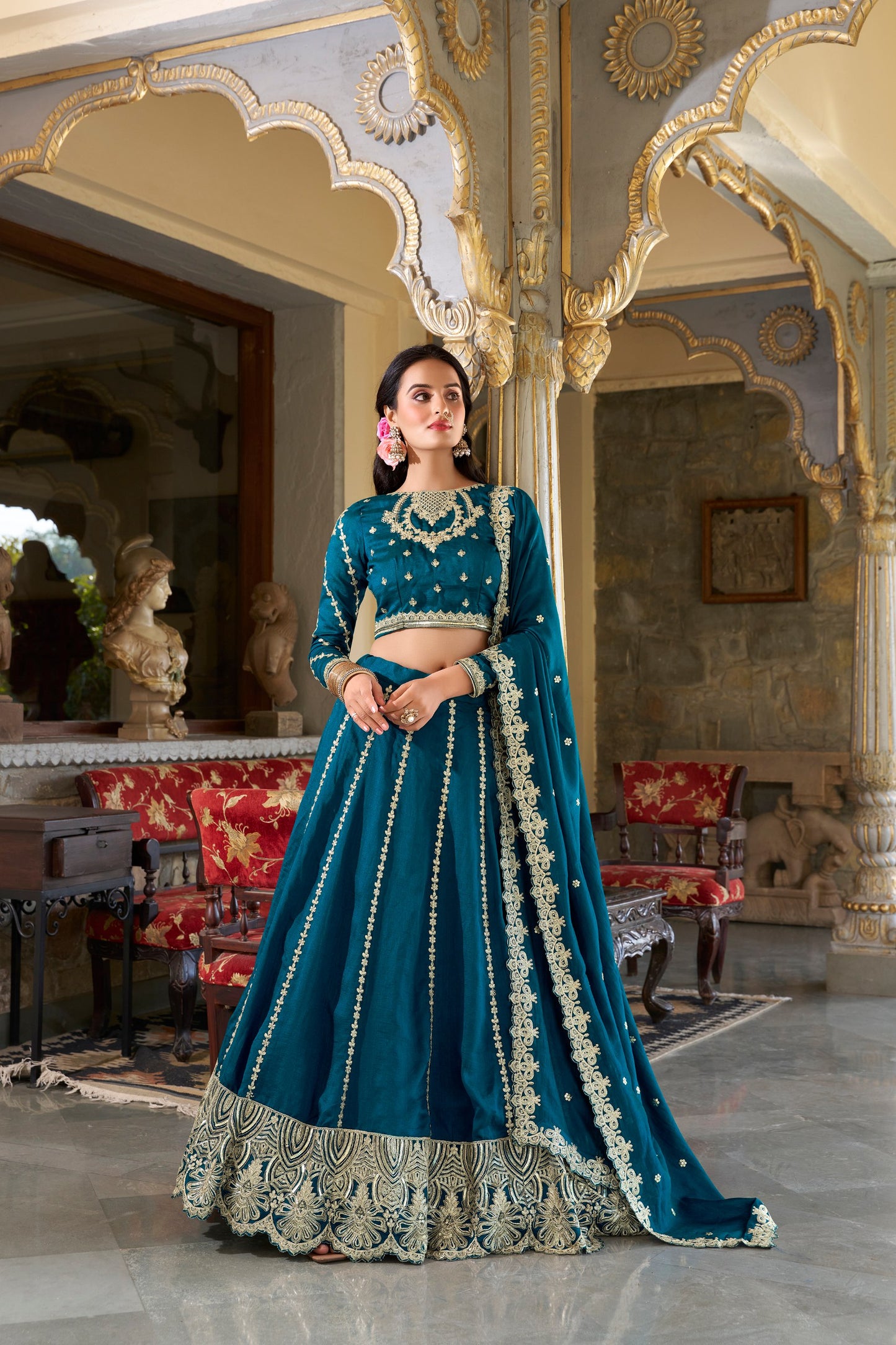 Embroidered Vichitra Silk Lehenga Set With Blouse & Dupatta