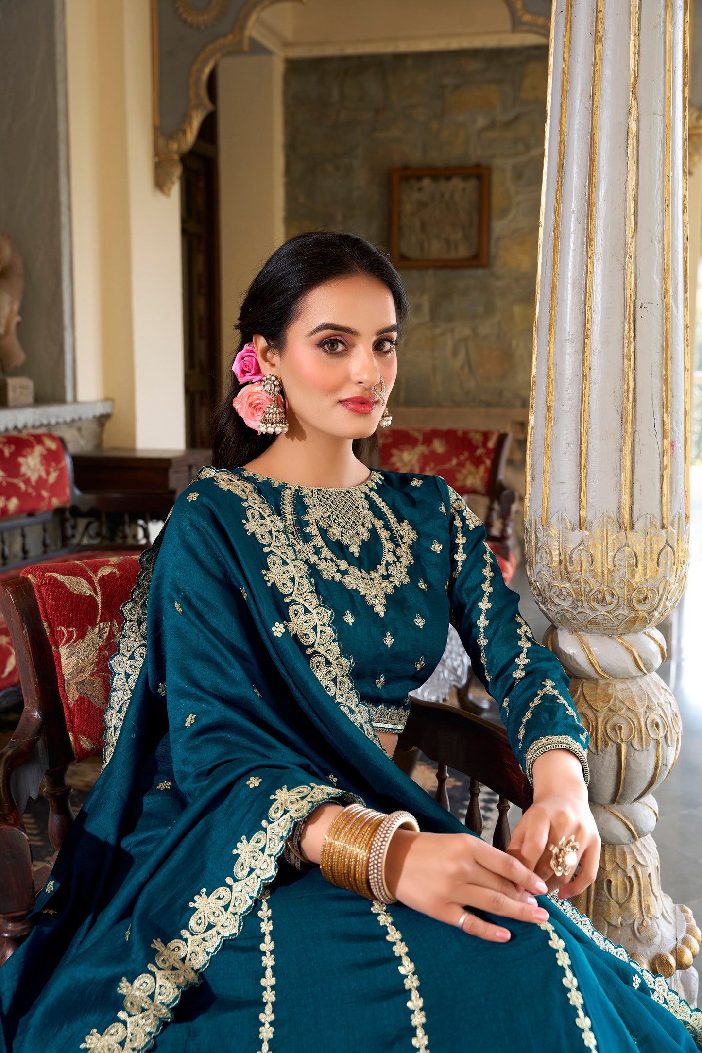 Embroidered Vichitra Silk Lehenga Set With Blouse & Dupatta