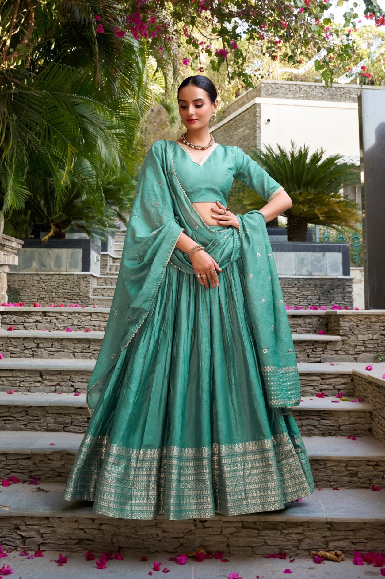 Pure Chanderi Plain With Zari Weaving Work Lehenga Choli