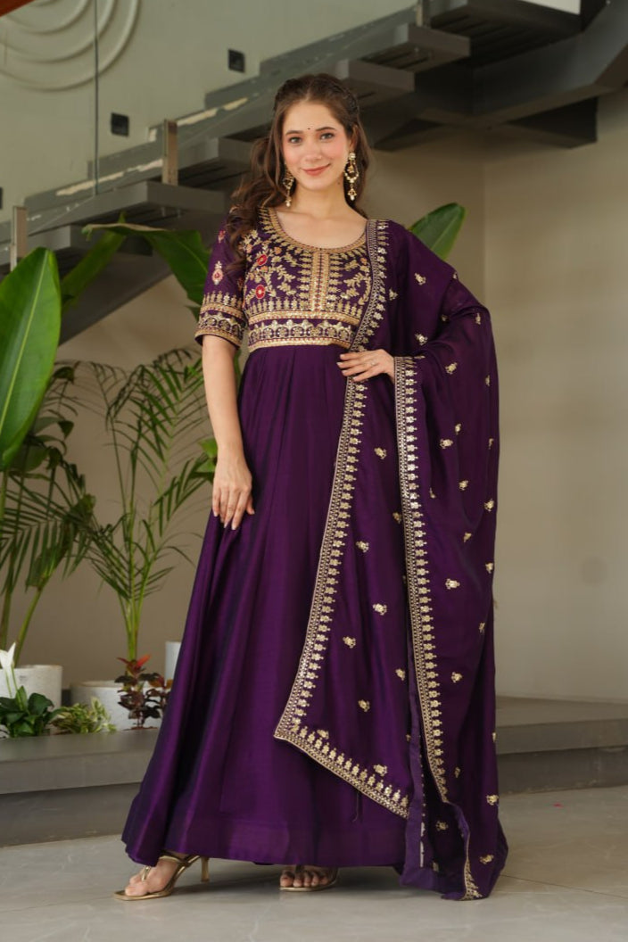 Pink & Purple Vichitra Silk With Sequins-Multi &amp; Zari Embroidered Gown Set