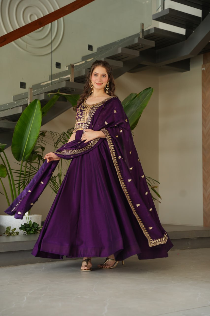 Pink & Purple Vichitra Silk With Sequins-Multi &amp; Zari Embroidered Gown Set