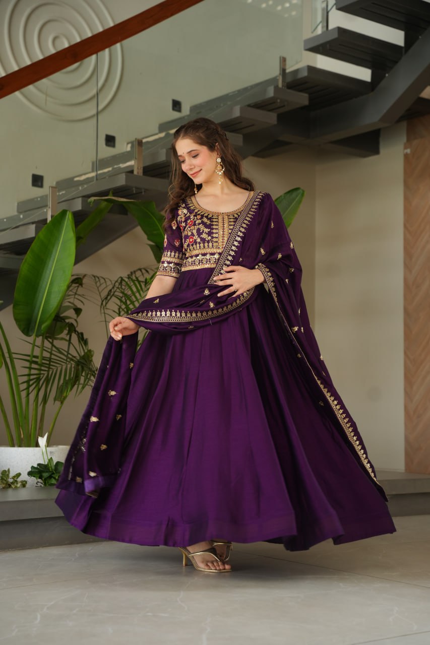Pink & Purple Vichitra Silk With Sequins-Multi &amp; Zari Embroidered Gown Set