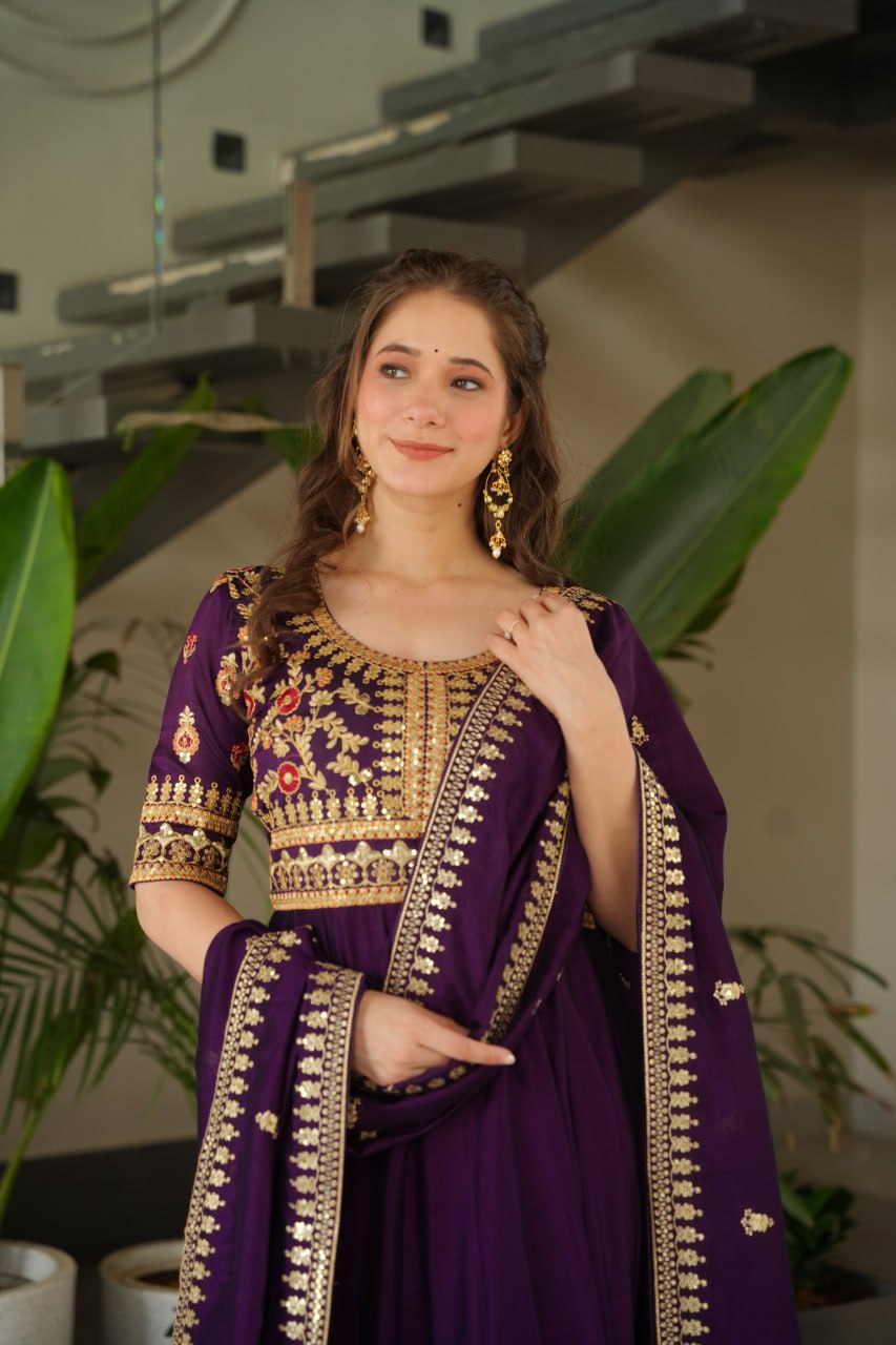 Pink & Purple Vichitra Silk With Sequins-Multi &amp; Zari Embroidered Gown Set