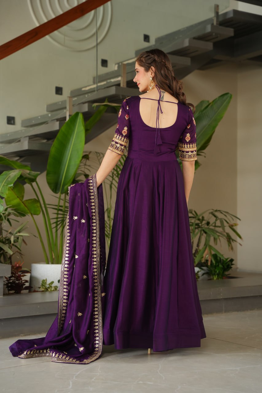 Pink & Purple Vichitra Silk With Sequins-Multi &amp; Zari Embroidered Gown Set