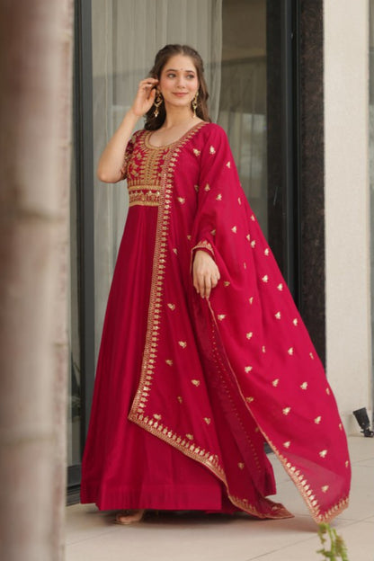 Pink & Purple Vichitra Silk With Sequins-Multi &amp; Zari Embroidered Gown Set