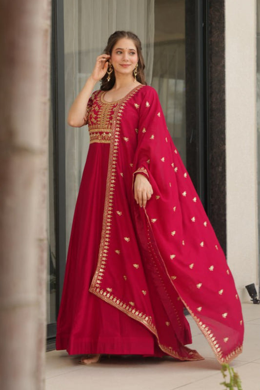 Pink & Purple Vichitra Silk With Sequins-Multi &amp; Zari Embroidered Gown Set