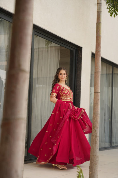 Pink & Purple Vichitra Silk With Sequins-Multi &amp; Zari Embroidered Gown Set