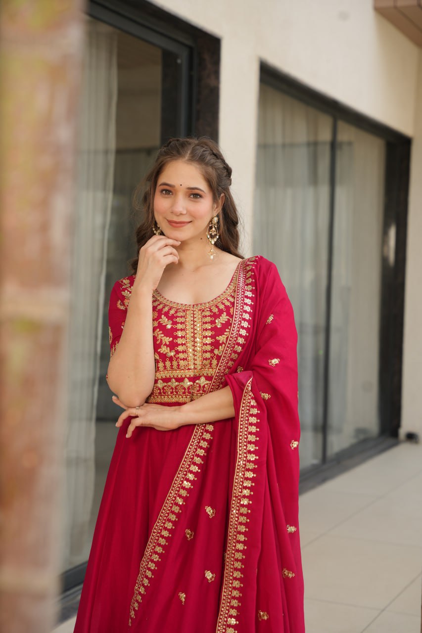 Pink & Purple Vichitra Silk With Sequins-Multi &amp; Zari Embroidered Gown Set