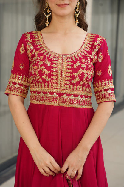 Pink & Purple Vichitra Silk With Sequins-Multi &amp; Zari Embroidered Gown Set