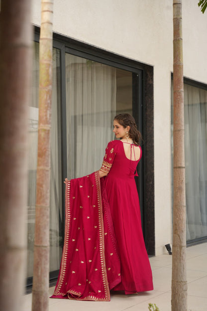 Pink & Purple Vichitra Silk With Sequins-Multi &amp; Zari Embroidered Gown Set
