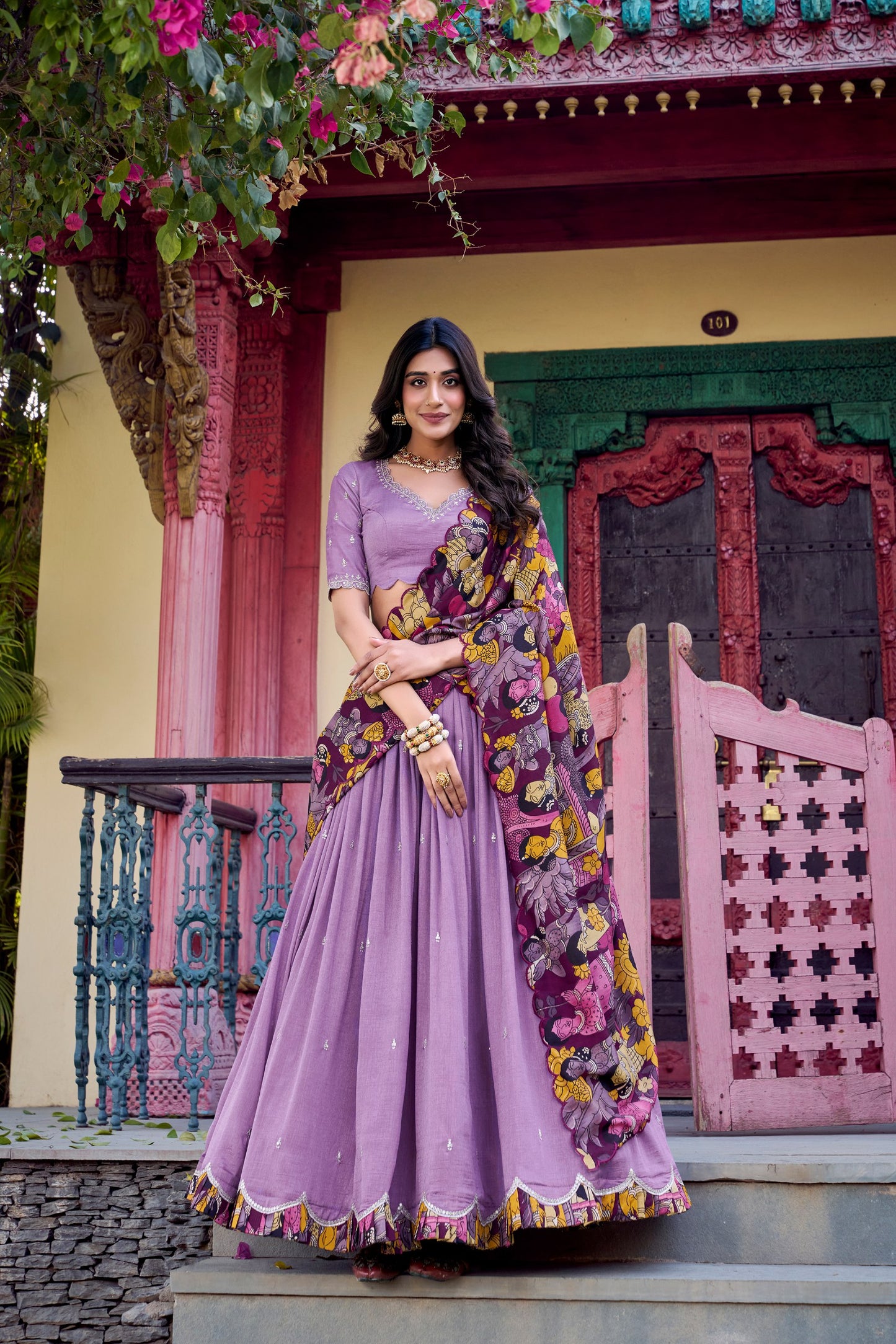 Vichitra Silk Sequins and Thread Embroidery Work With Kalamkari Print Border Lehenga Choli