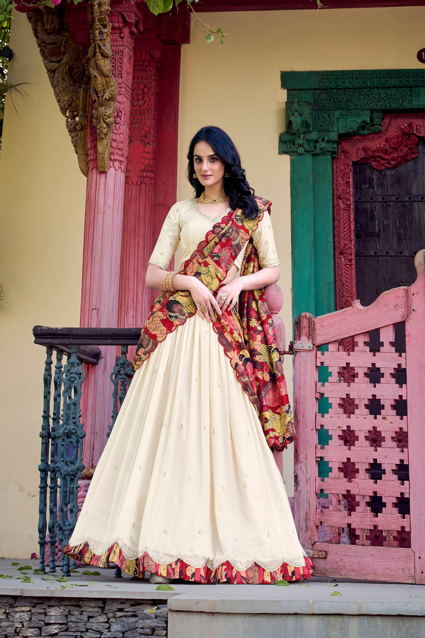Vichitra Silk Sequins and Thread Embroidery Work With Kalamkari Print Border Lehenga Choli