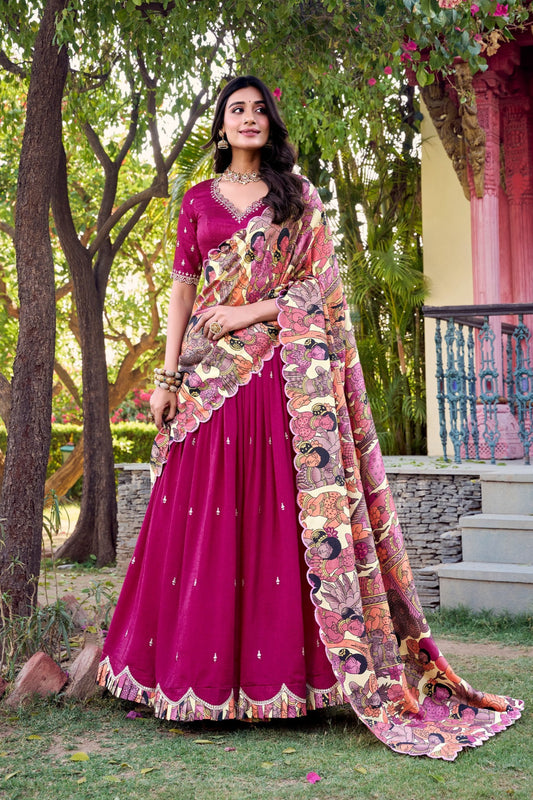 Vichitra Silk Sequins and Thread Embroidery Work With Kalamkari Print Border Lehenga Choli