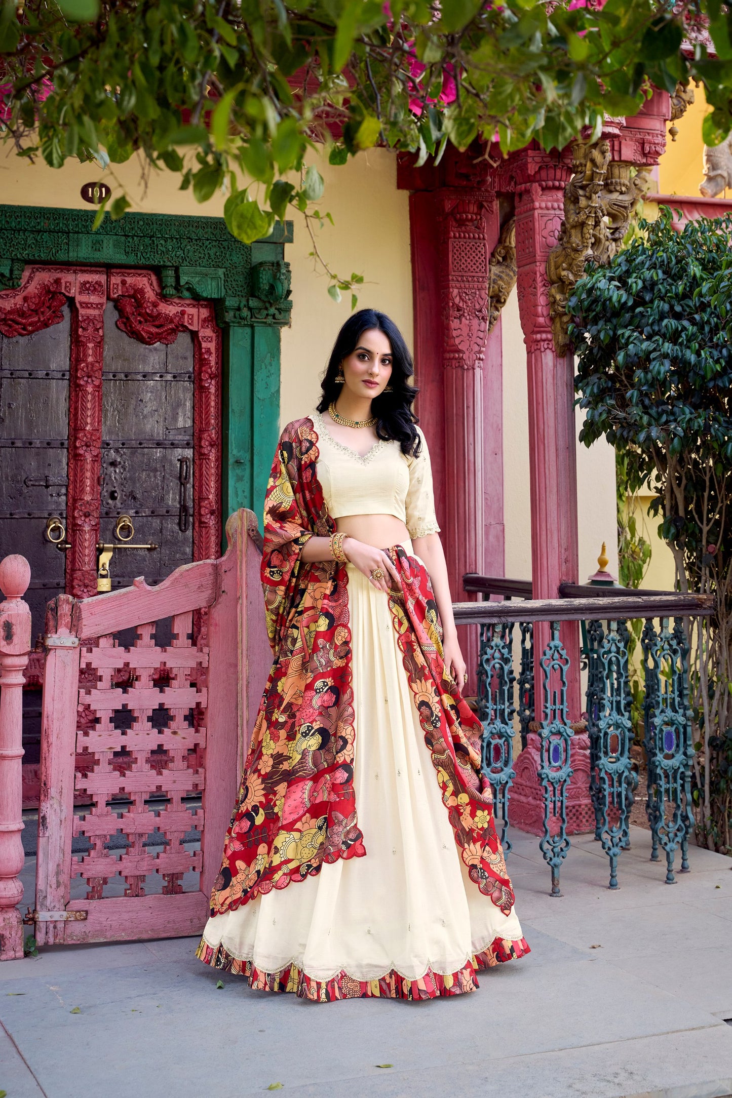 Vichitra Silk Sequins and Thread Embroidery Work With Kalamkari Print Border Lehenga Choli