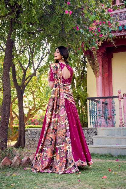 Vichitra Silk Sequins and Thread Embroidery Work With Kalamkari Print Border Lehenga Choli