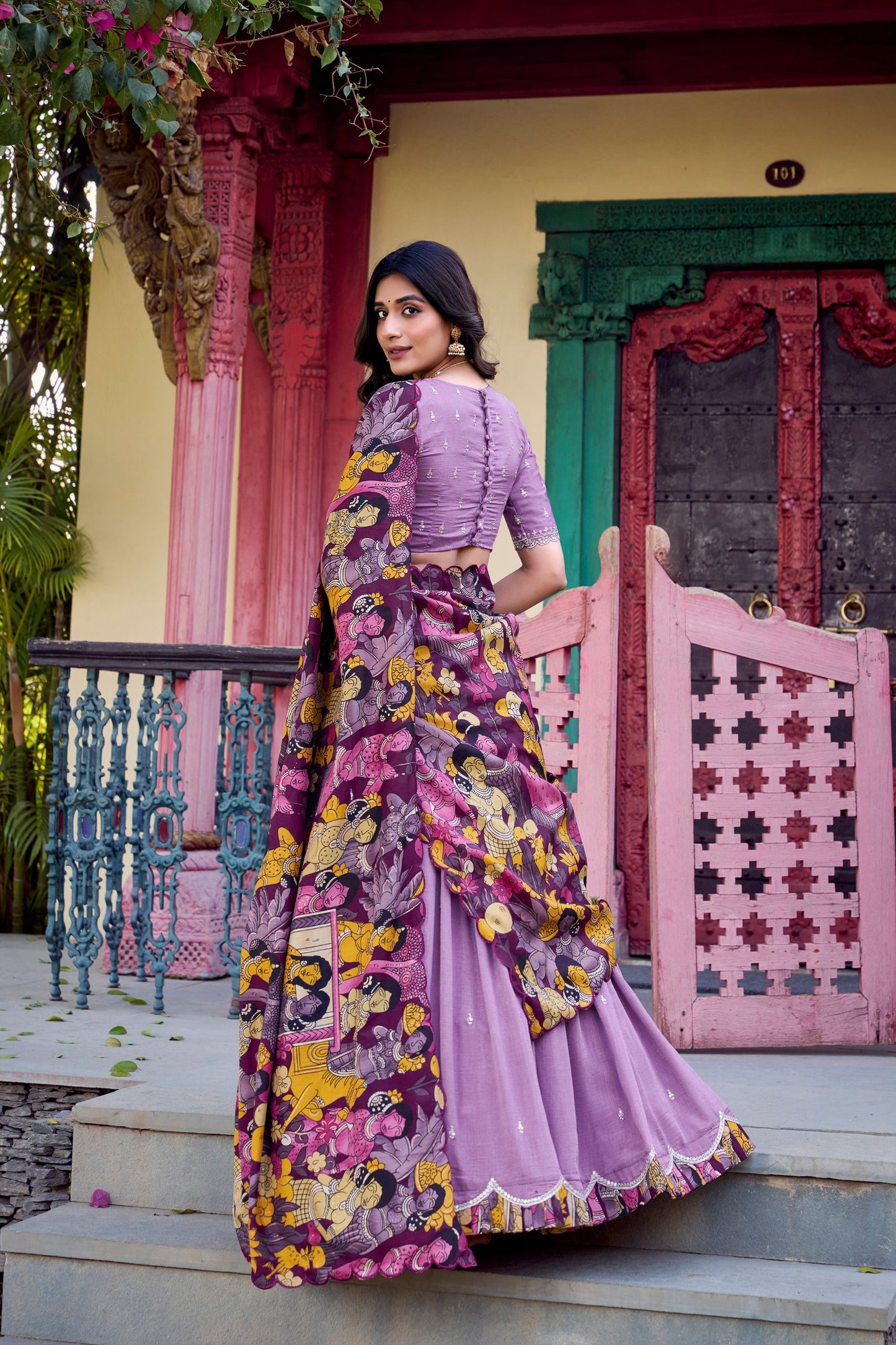 Vichitra Silk Sequins and Thread Embroidery Work With Kalamkari Print Border Lehenga Choli