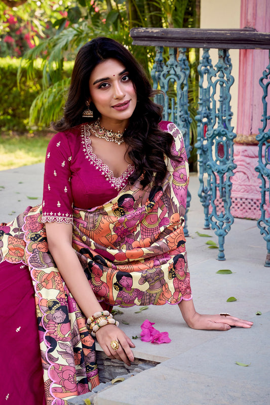 Vichitra Silk Sequins and Thread Embroidery Work With Kalamkari Print Border Lehenga Choli