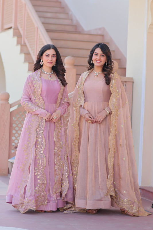 Onion & Peach Fendy Chiffon Embroidered Cut-Work