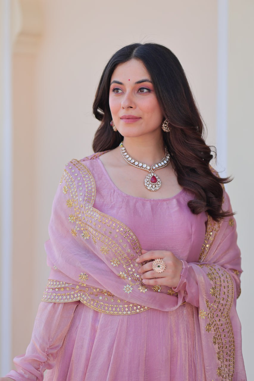 Onion & Peach Fendy Chiffon Embroidered Cut-Work