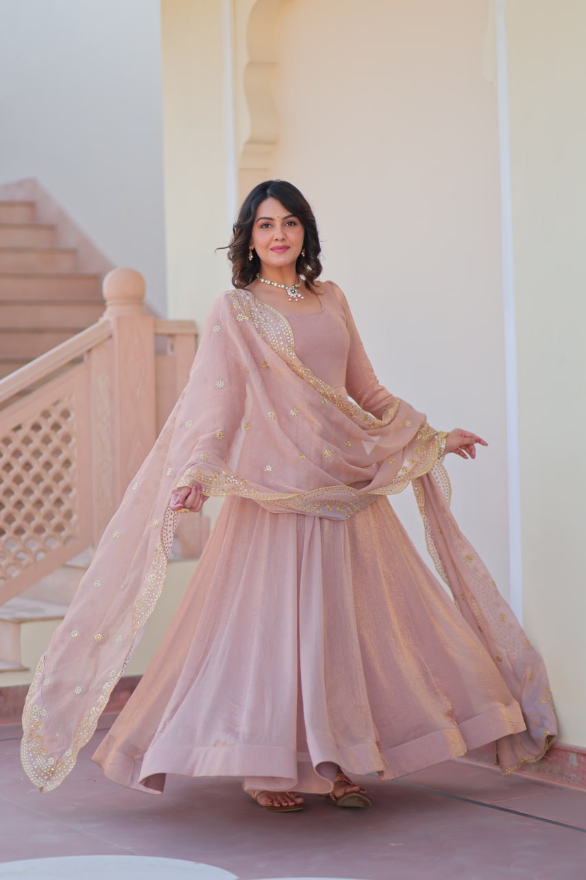 Onion & Peach Fendy Chiffon Embroidered Cut-Work