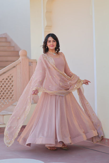 Onion & Peach Fendy Chiffon Embroidered Cut-Work