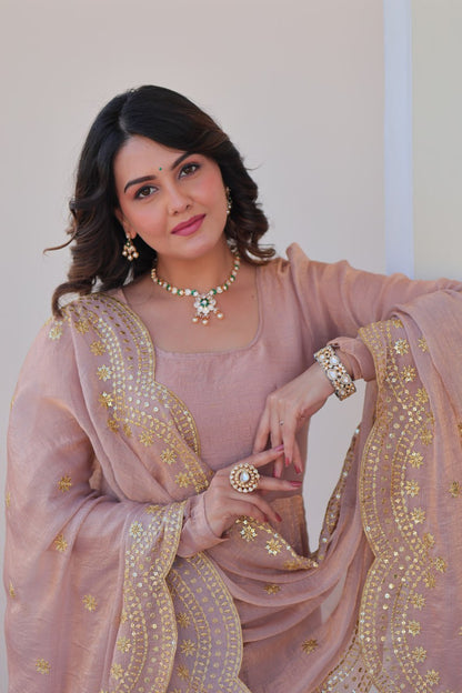 Onion & Peach Fendy Chiffon Embroidered Cut-Work