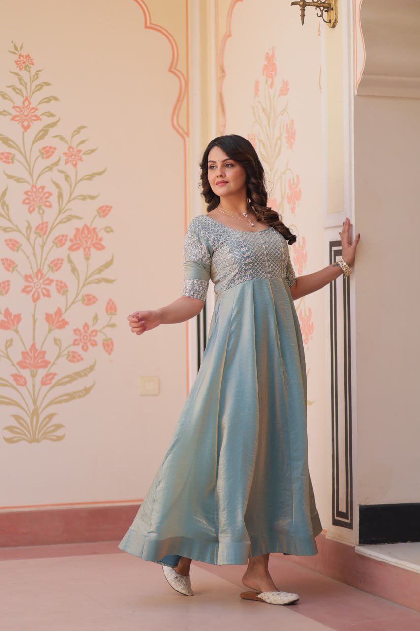Pista & Skyblue Fendy With Beads Embroidered Work Gown