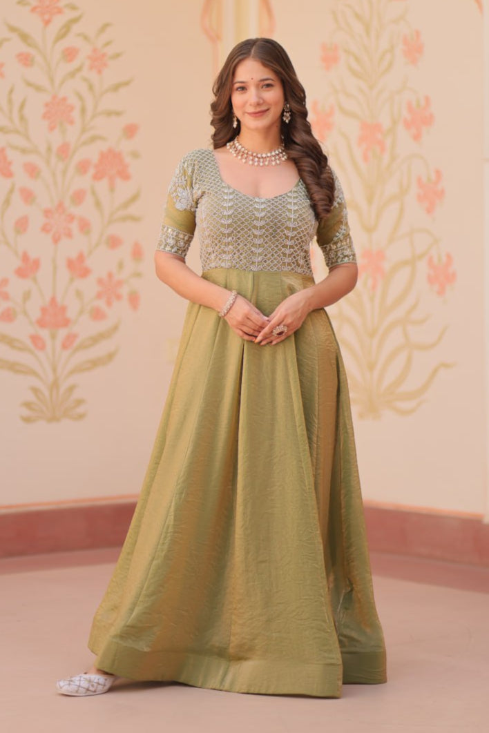 Pista & Skyblue Fendy With Beads Embroidered Work Gown