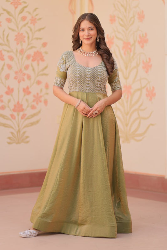 Pista & Skyblue Fendy With Beads Embroidered Work Gown