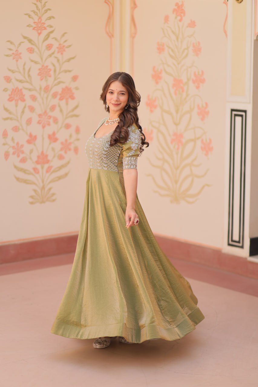 Pista & Skyblue Fendy With Beads Embroidered Work Gown