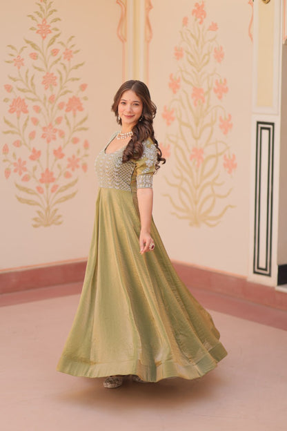 Pista & Skyblue Fendy With Beads Embroidered Work Gown