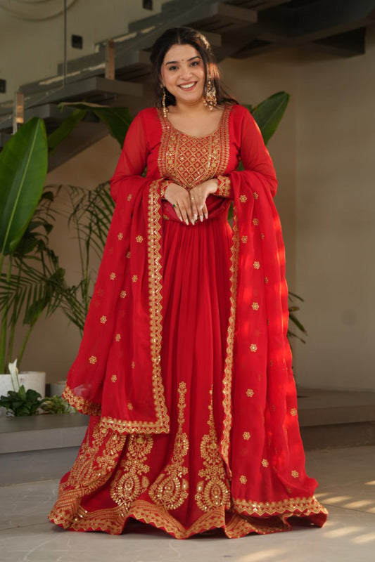 Red & Yellow Faux Blooming With Embroidery Zari Sequins Work Gown Set