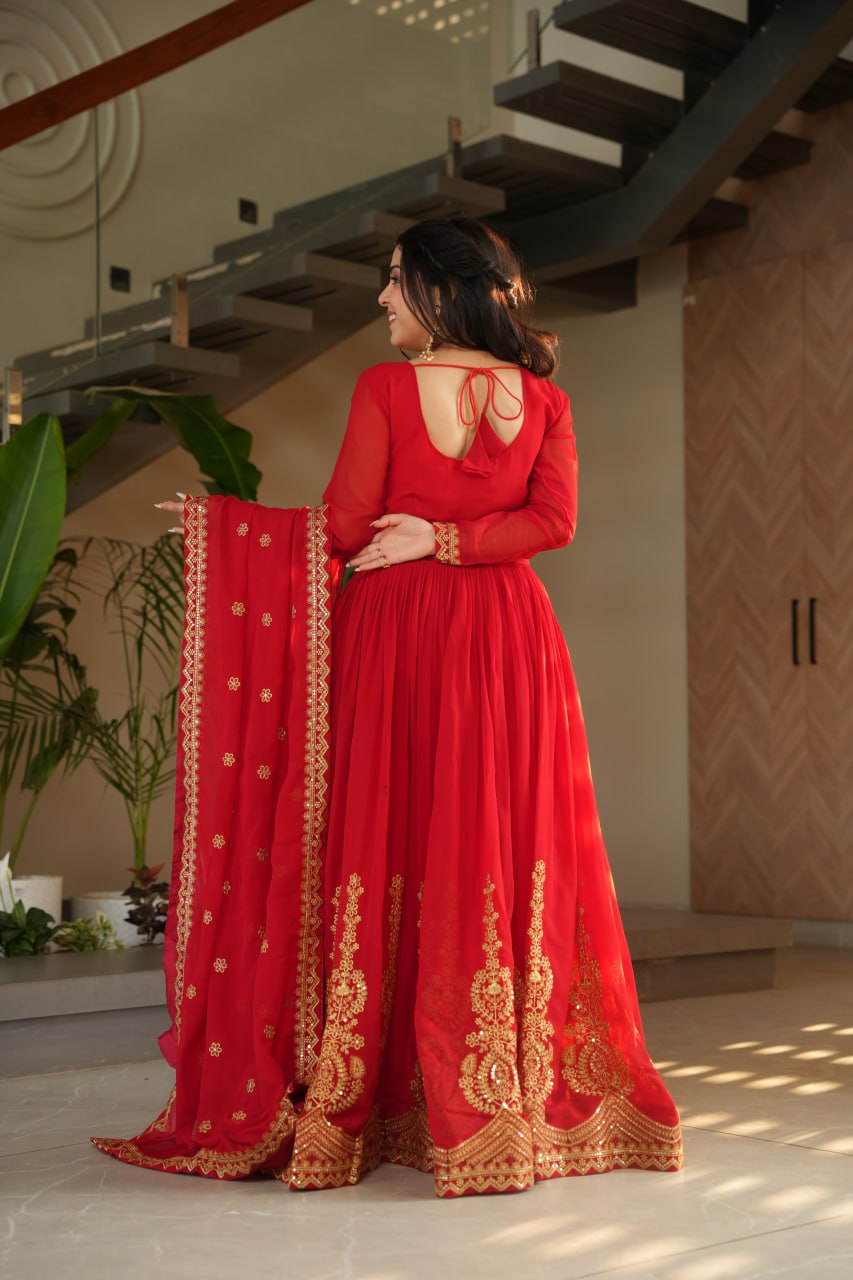 Red & Yellow Faux Blooming With Embroidery Zari Sequins Work Gown Set