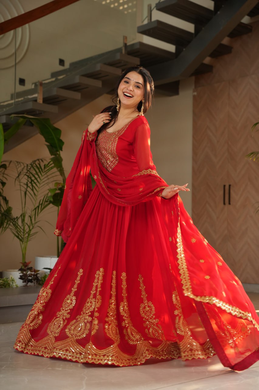 Red & Yellow Faux Blooming With Embroidery Zari Sequins Work Gown Set