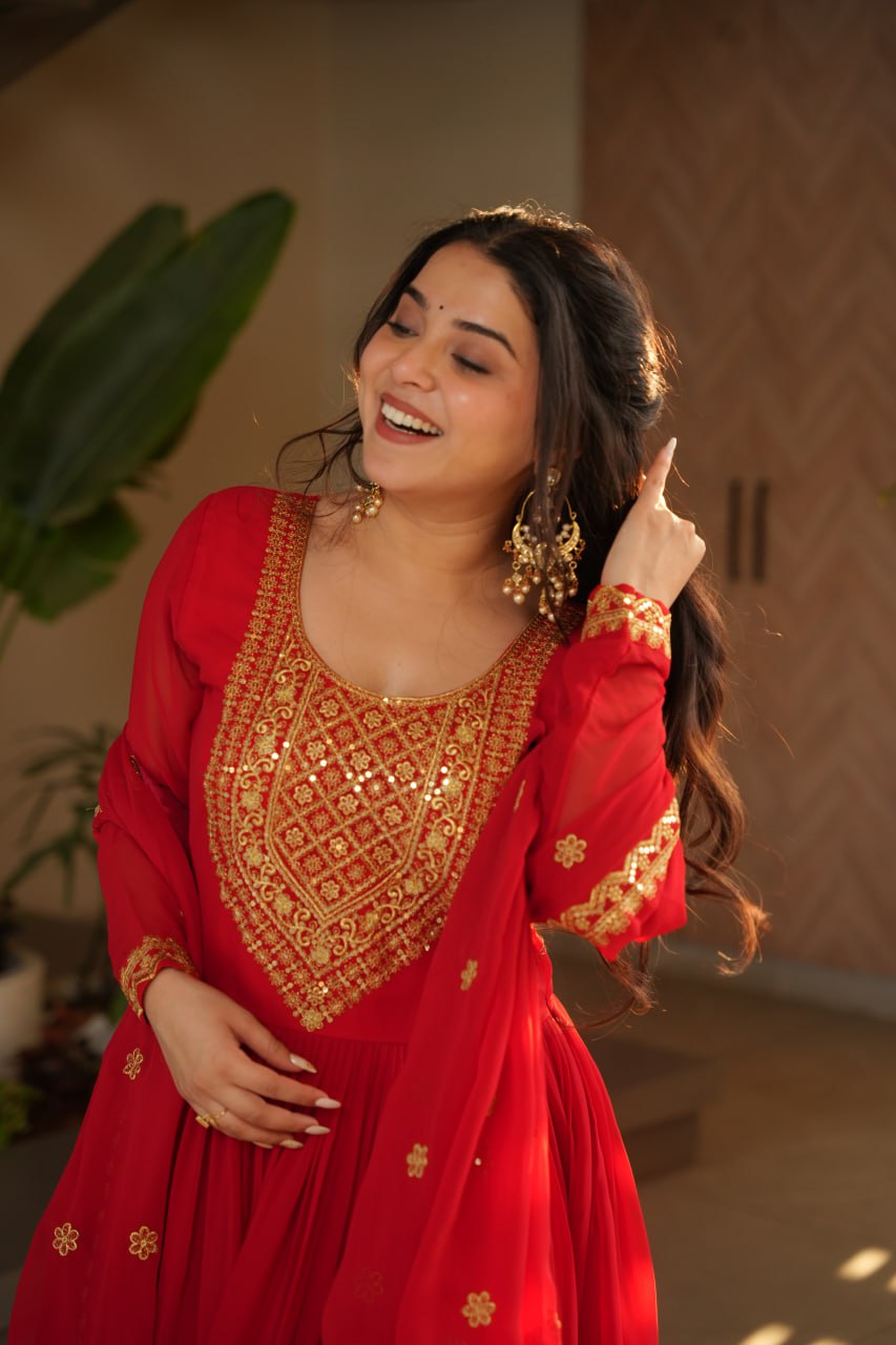 Red & Yellow Faux Blooming With Embroidery Zari Sequins Work Gown Set