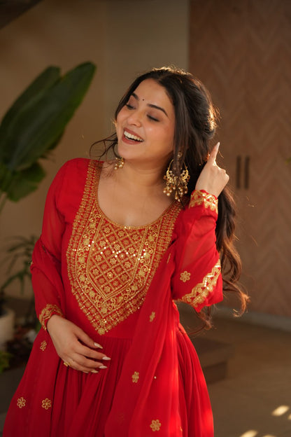 Red & Yellow Faux Blooming With Embroidery Zari Sequins Work Gown Set