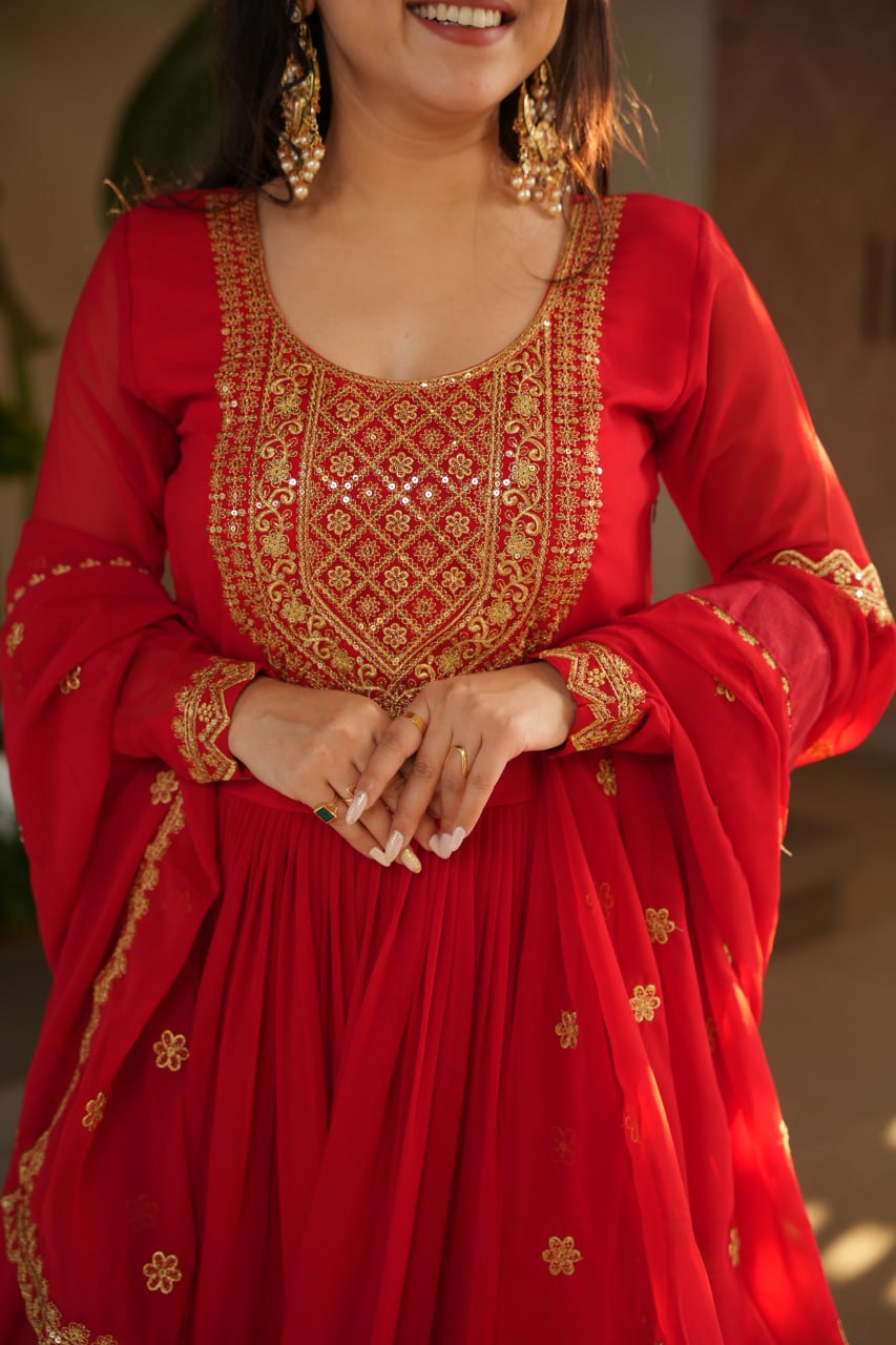 Red & Yellow Faux Blooming With Embroidery Zari Sequins Work Gown Set