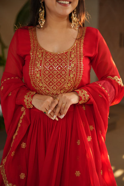 Red & Yellow Faux Blooming With Embroidery Zari Sequins Work Gown Set