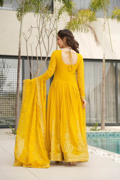 Red & Yellow Faux Blooming With Embroidery Zari Sequins Work Gown Set