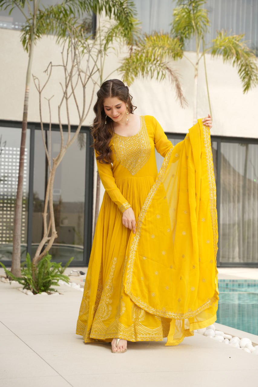 Red & Yellow Faux Blooming With Embroidery Zari Sequins Work Gown Set