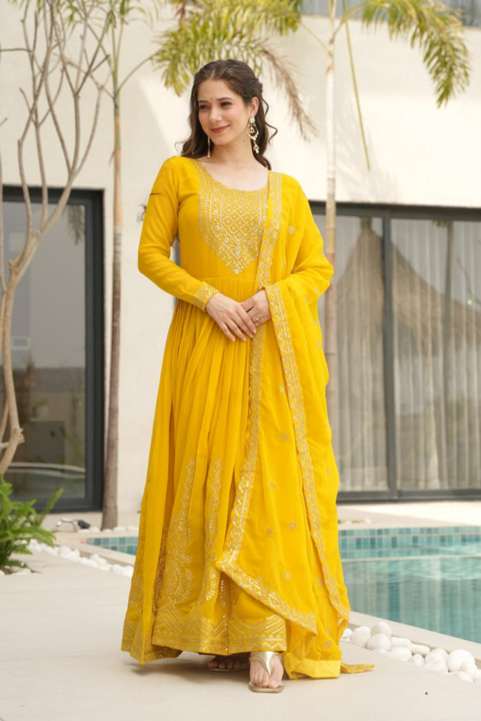 Red & Yellow Faux Blooming With Embroidery Zari Sequins Work Gown Set