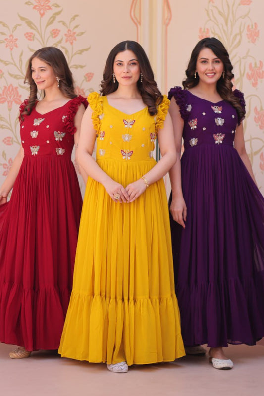 Maroon, Yellow & Purple Designer Partywear Gown
