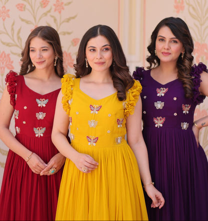 Maroon, Yellow & Purple Designer Partywear Gown