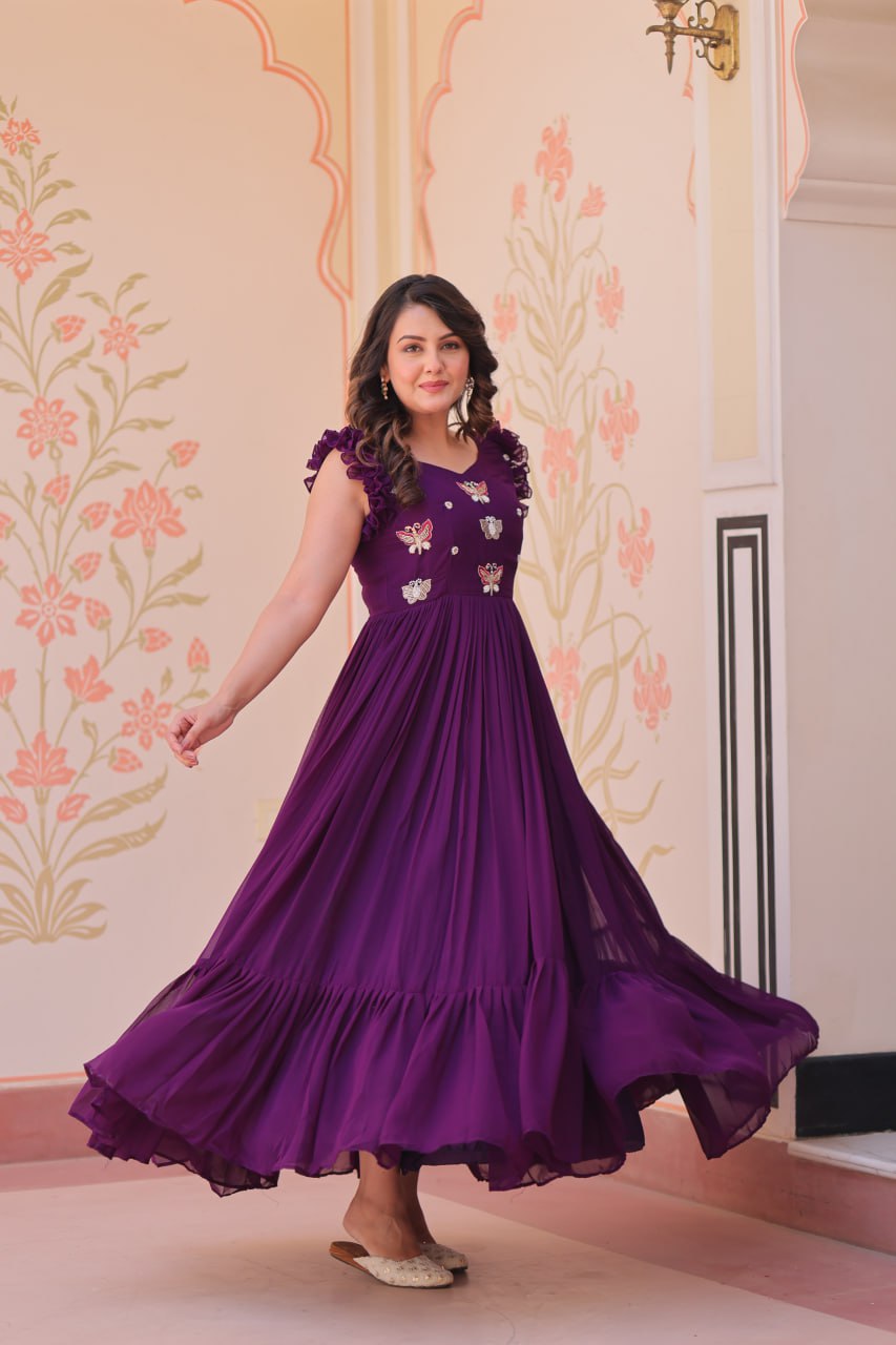 Maroon, Yellow & Purple Designer Partywear Gown