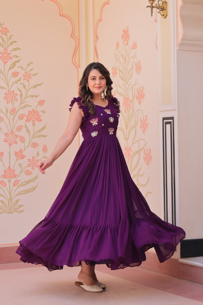 Maroon, Yellow & Purple Designer Partywear Gown